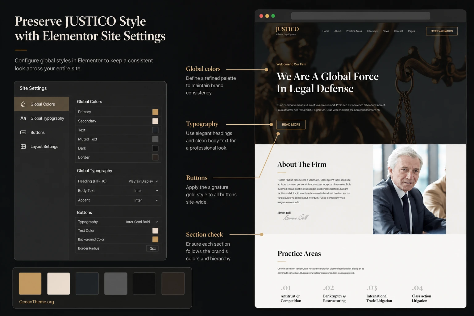Map of Elementor global settings for preserving the ThemeForest JUSTICO style