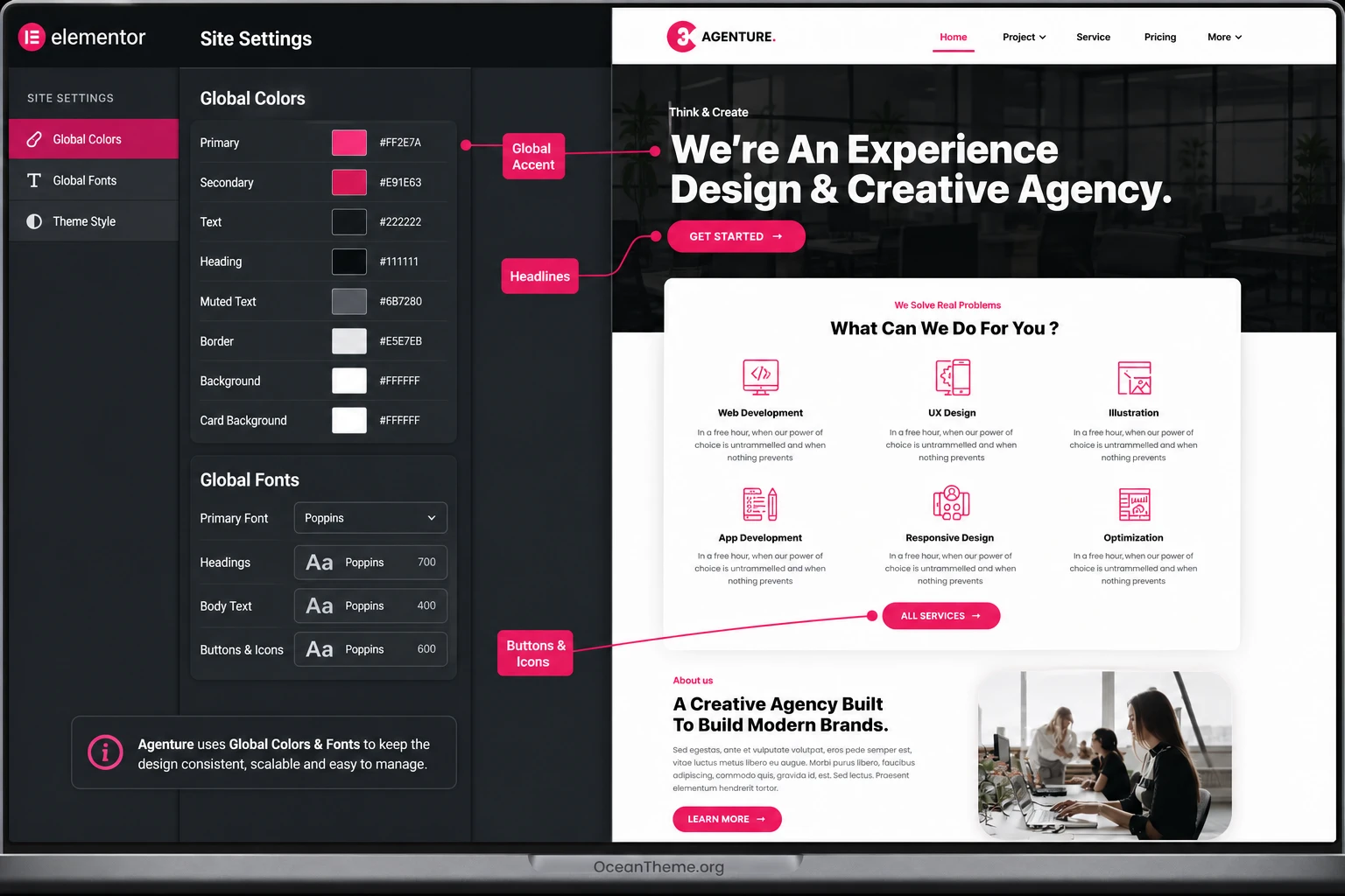 ThemeForest Agenture global colors and typography in Elementor