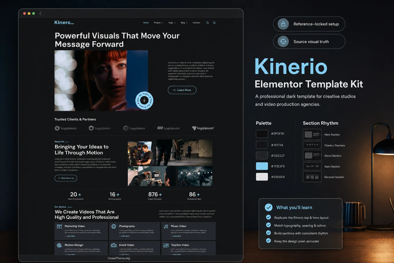 Guide cover for ThemeForest Kinerio with a reference to the homepage layout