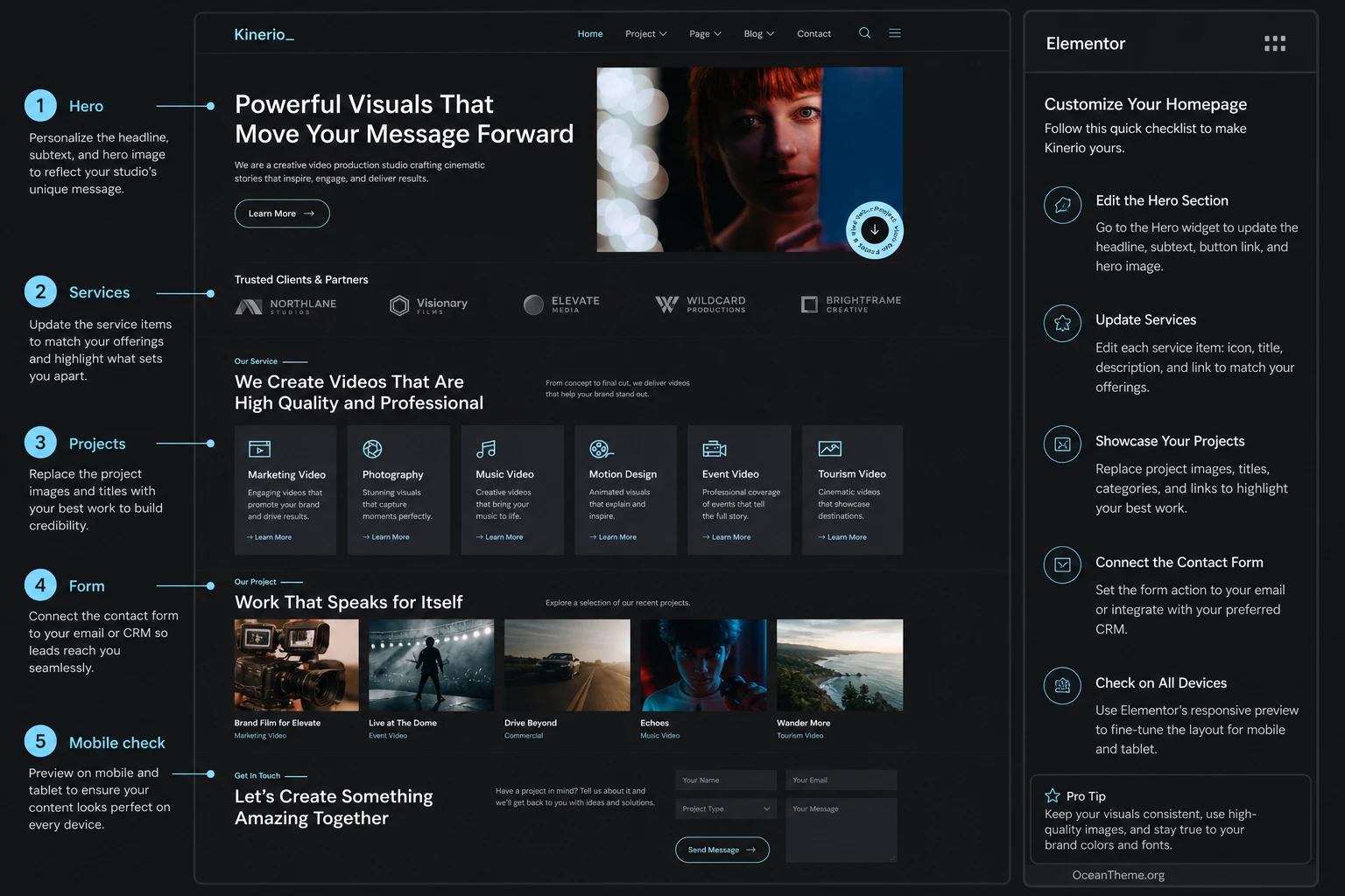 Homepage setup map for Kinerio in Elementor