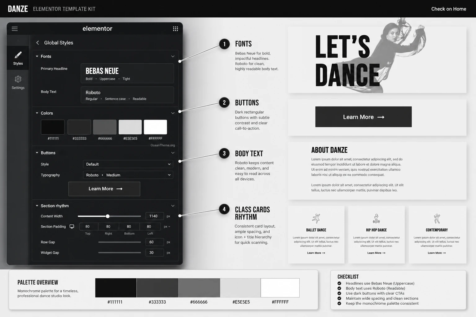 ThemeForest Danze global style map for fonts and color accents