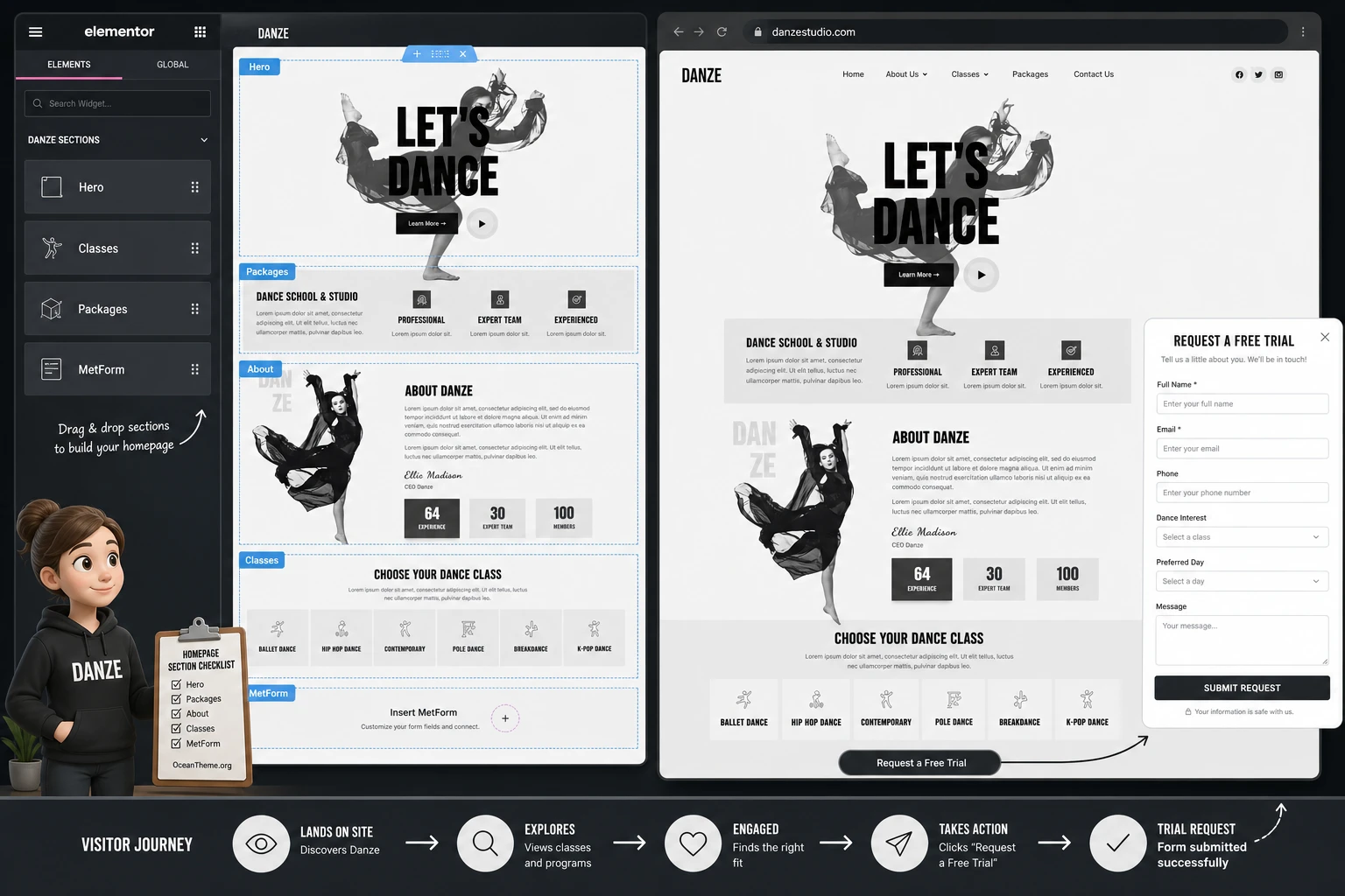 Example of setting up the Danze homepage for a dance studio