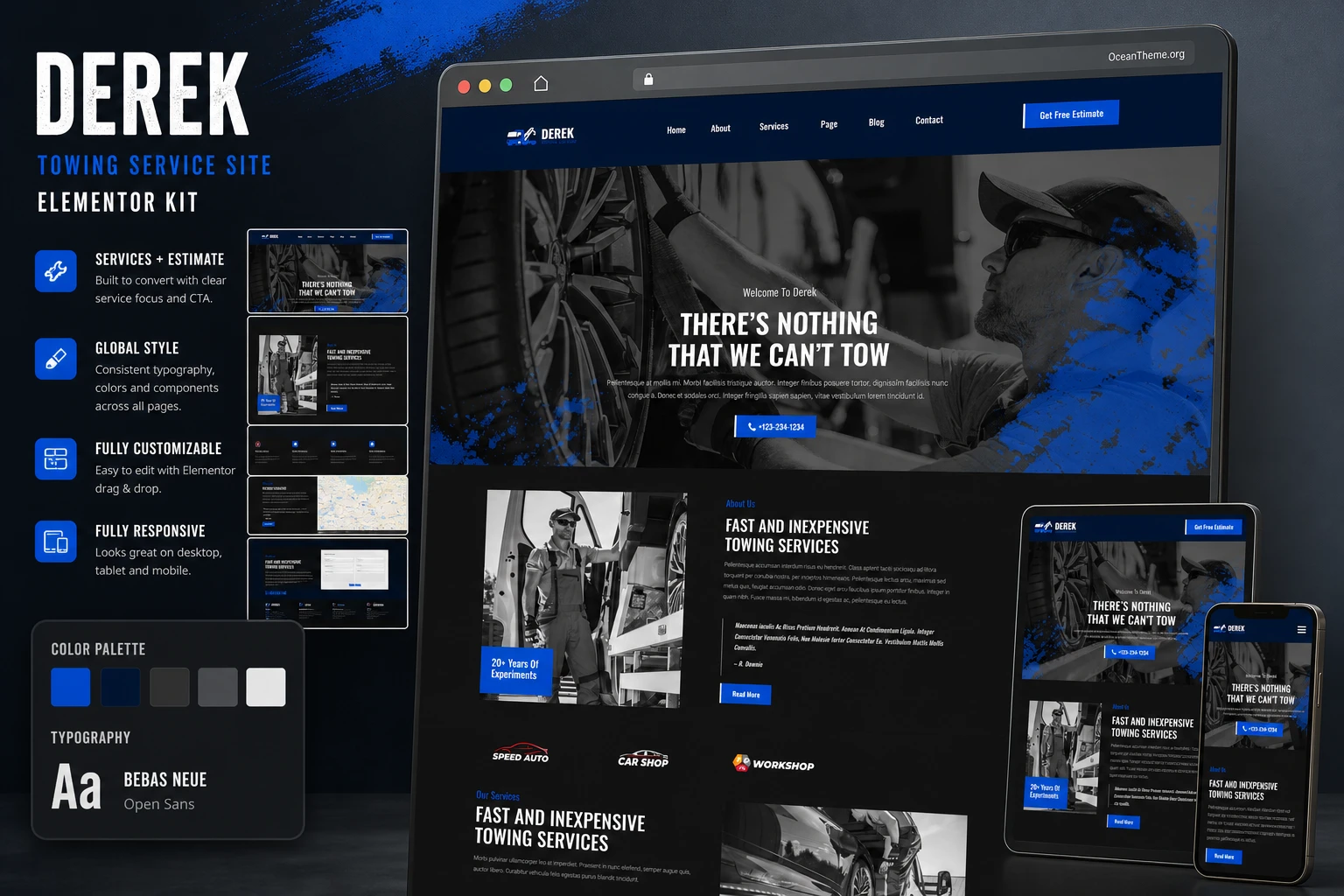 ThemeForest Derek as the visual system for an Elementor towing website