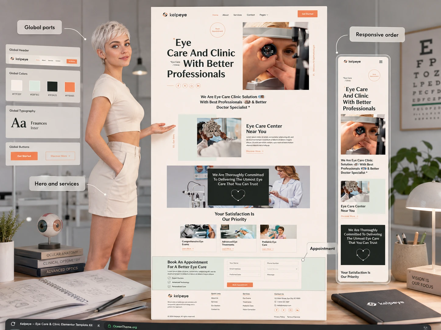 Kelpeye home page structure with header, service sections, appointment form, and footer