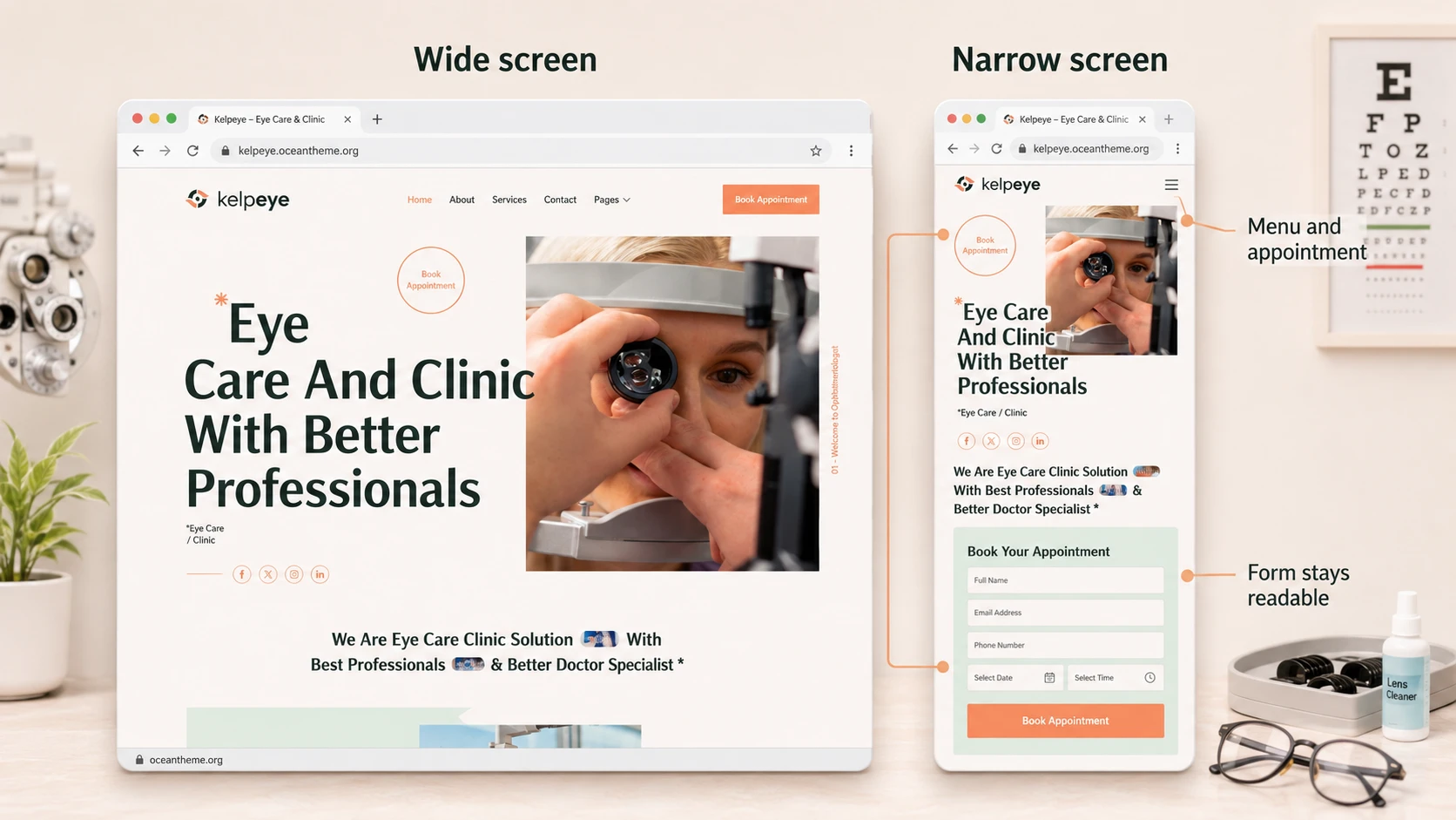 Responsive Kelpeye output review on the home page, services page, and appointment form