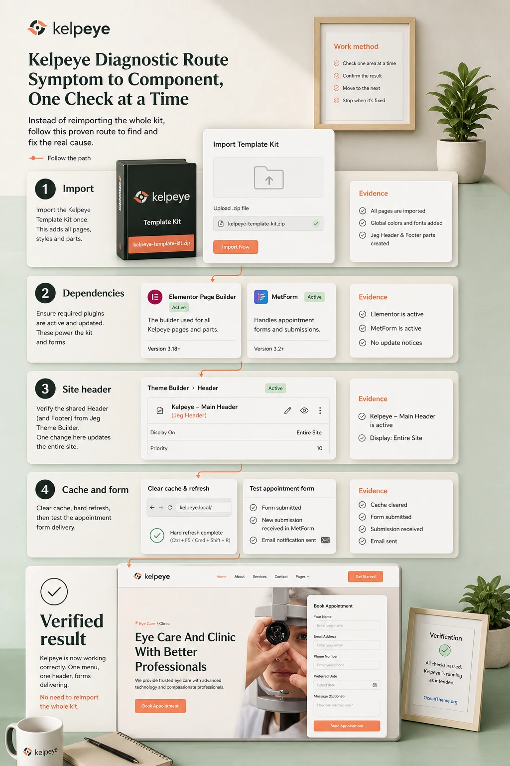ThemeForest Kelpeye troubleshooting map for import, appointment form, global header, and output review