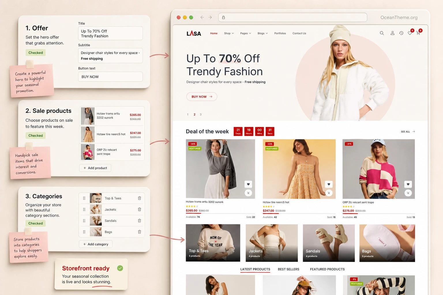 Example of configuring the ThemeForest Lasa homepage for a seasonal collection