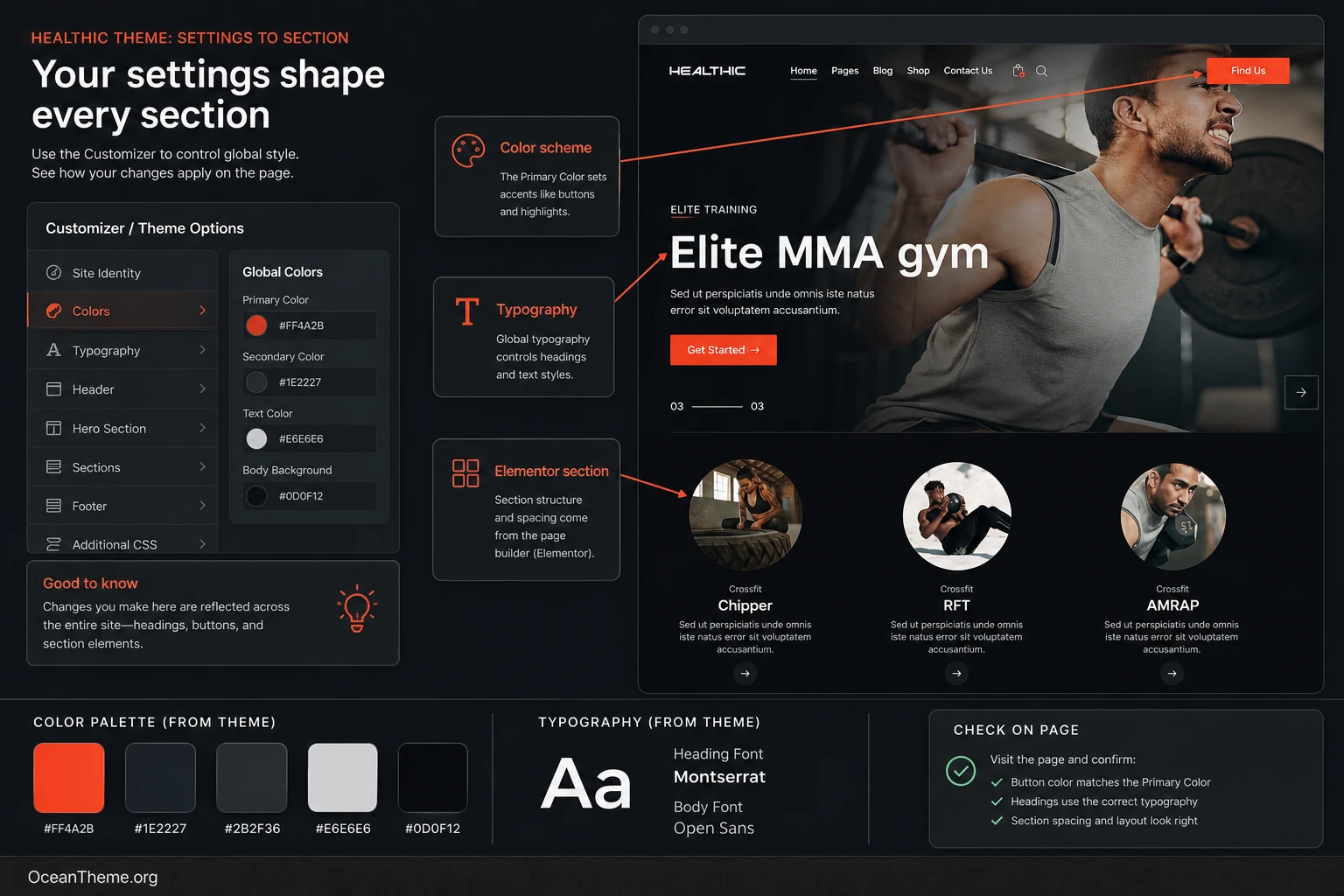 Healthic color and typography setup map for a sports website