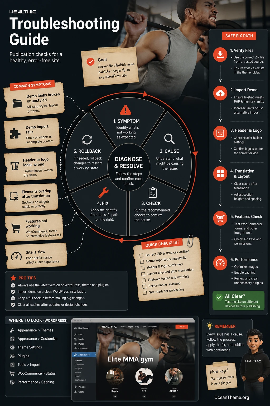 Diagnostic map for checking a Healthic website before launch