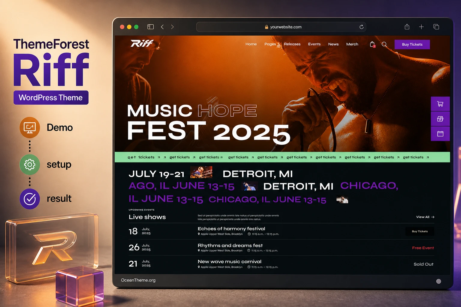 ThemeForest Riff guide cover with a reference to the festival template homepage