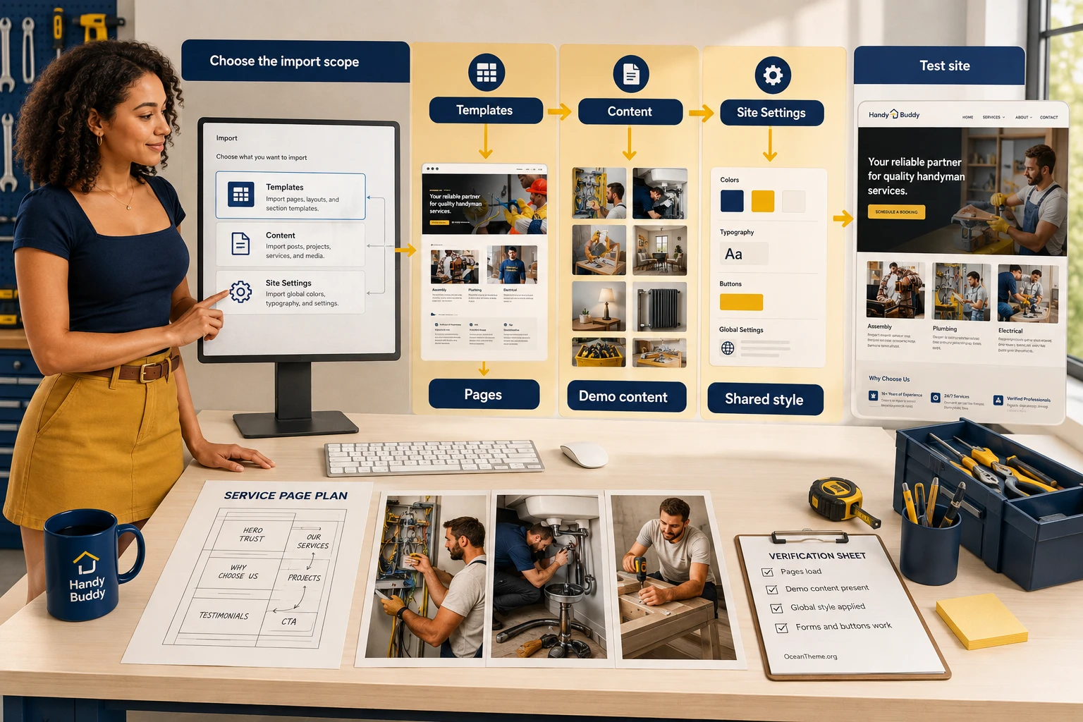 Elementor import component selection diagram for ThemeForest Handy Buddy