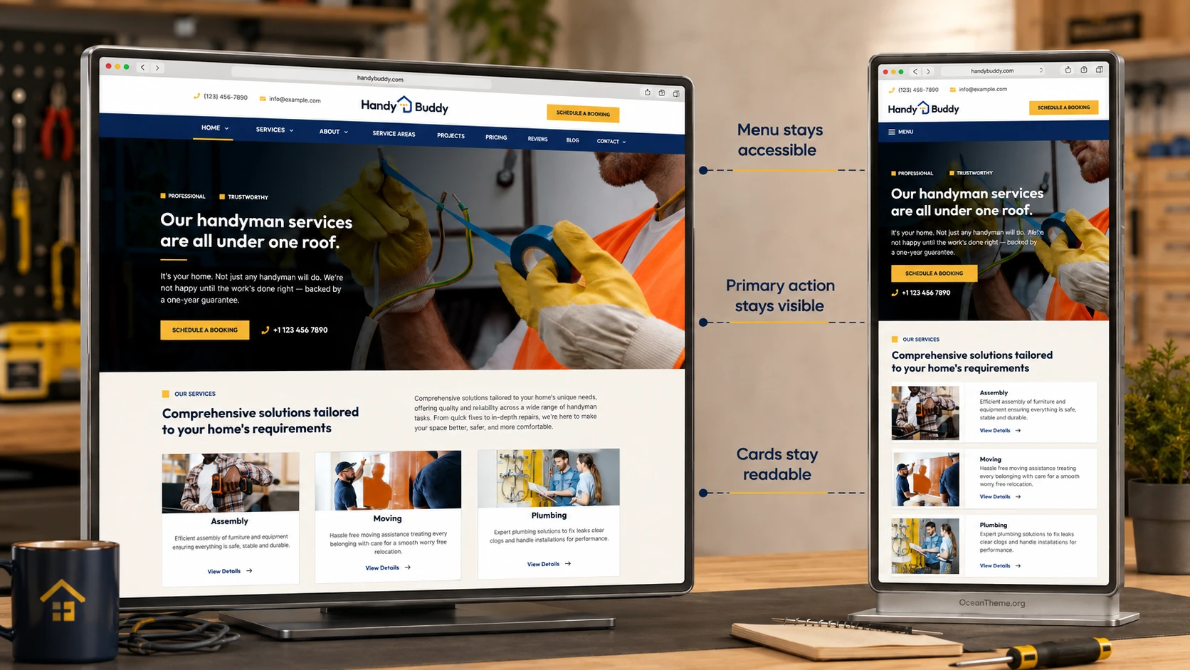 Comparison of the responsive ThemeForest Handy Buddy service page on wide and narrow screens