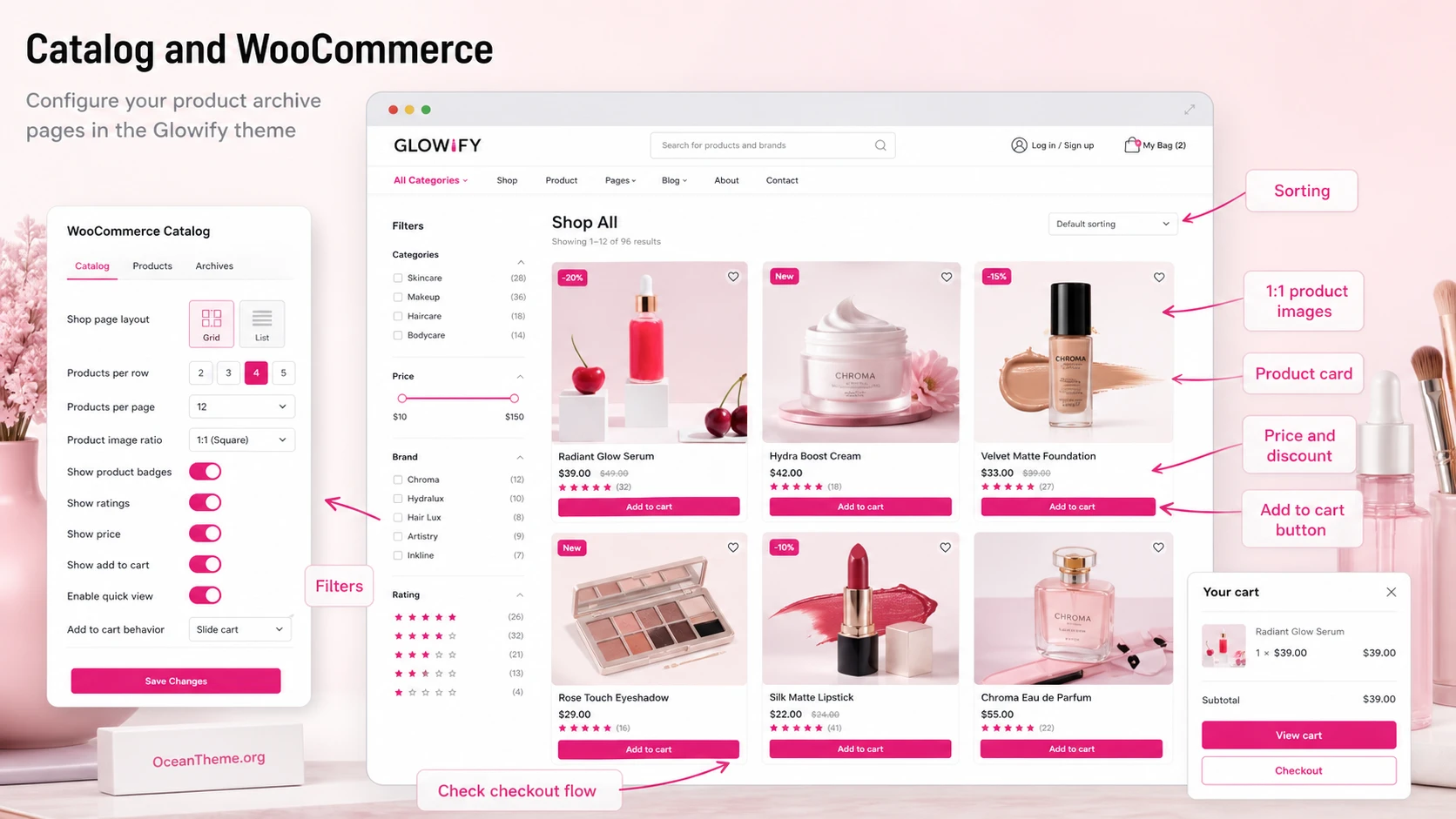 WooCommerce catalog and product page setup for Glowify