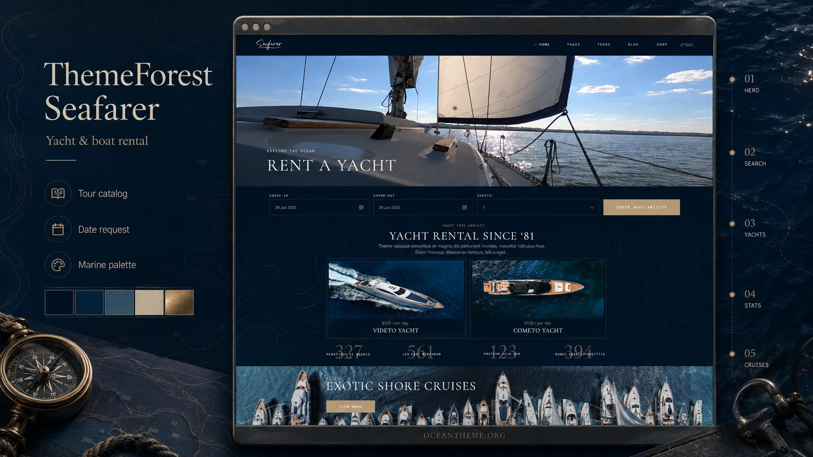 ThemeForest Seafarer guide cover with a realistic maritime hero section and yacht charter website structure