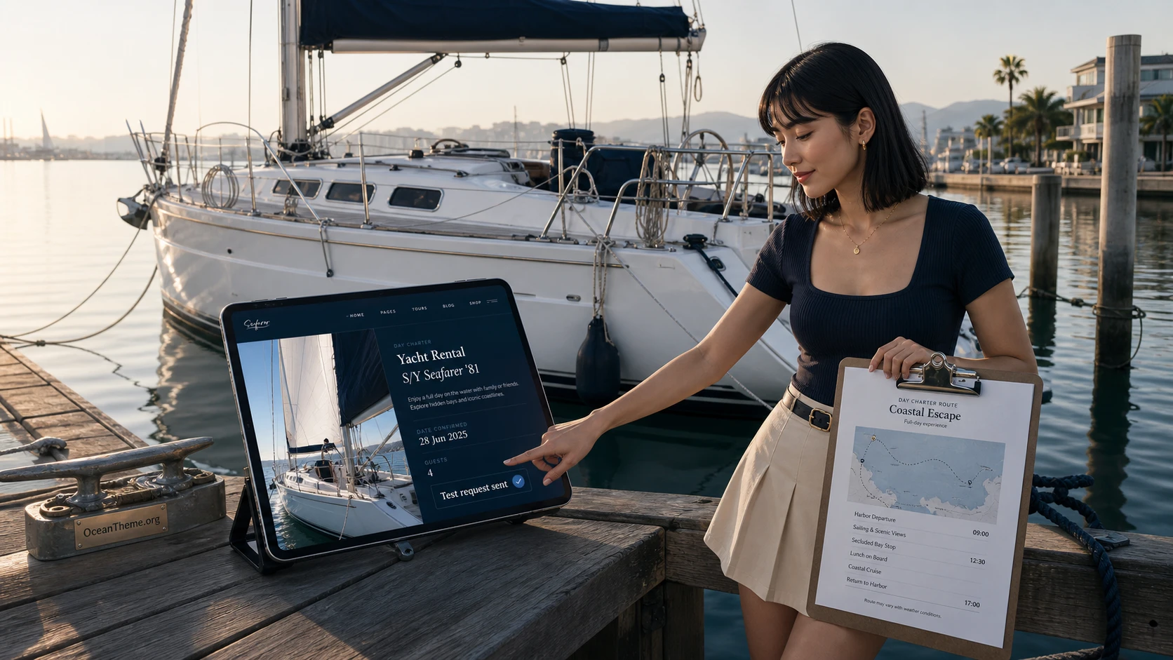 ThemeForest Seafarer tour catalog setup map: offer entry, themed Elementor element, filter, and public-site output