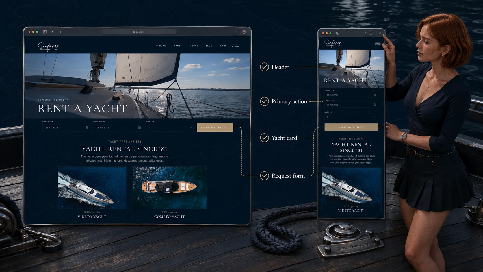 ThemeForest Seafarer comparison on wide and narrow screens, testing menu, cards, form, and contrast