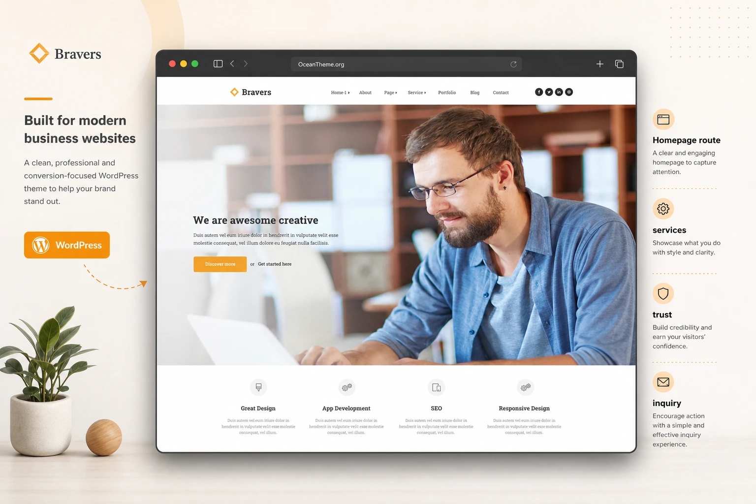 ThemeForest Bravers as the visual system of a WordPress business theme