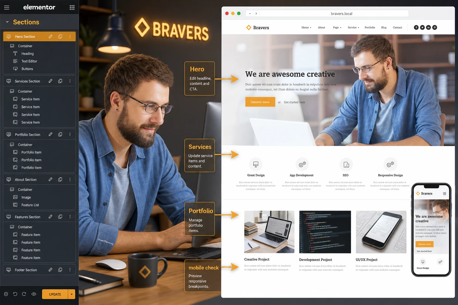 Editing the ThemeForest Bravers homepage in Elementor