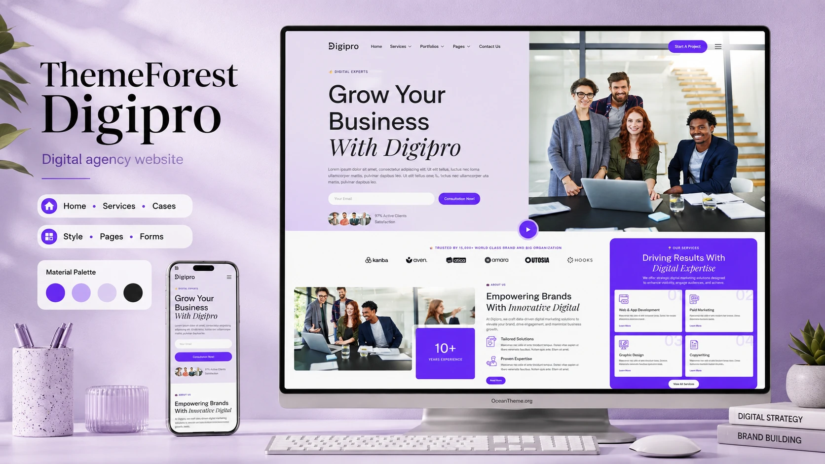 ThemeForest Digipro shown in a browser mockup with purple-accented sections for a digital agency website