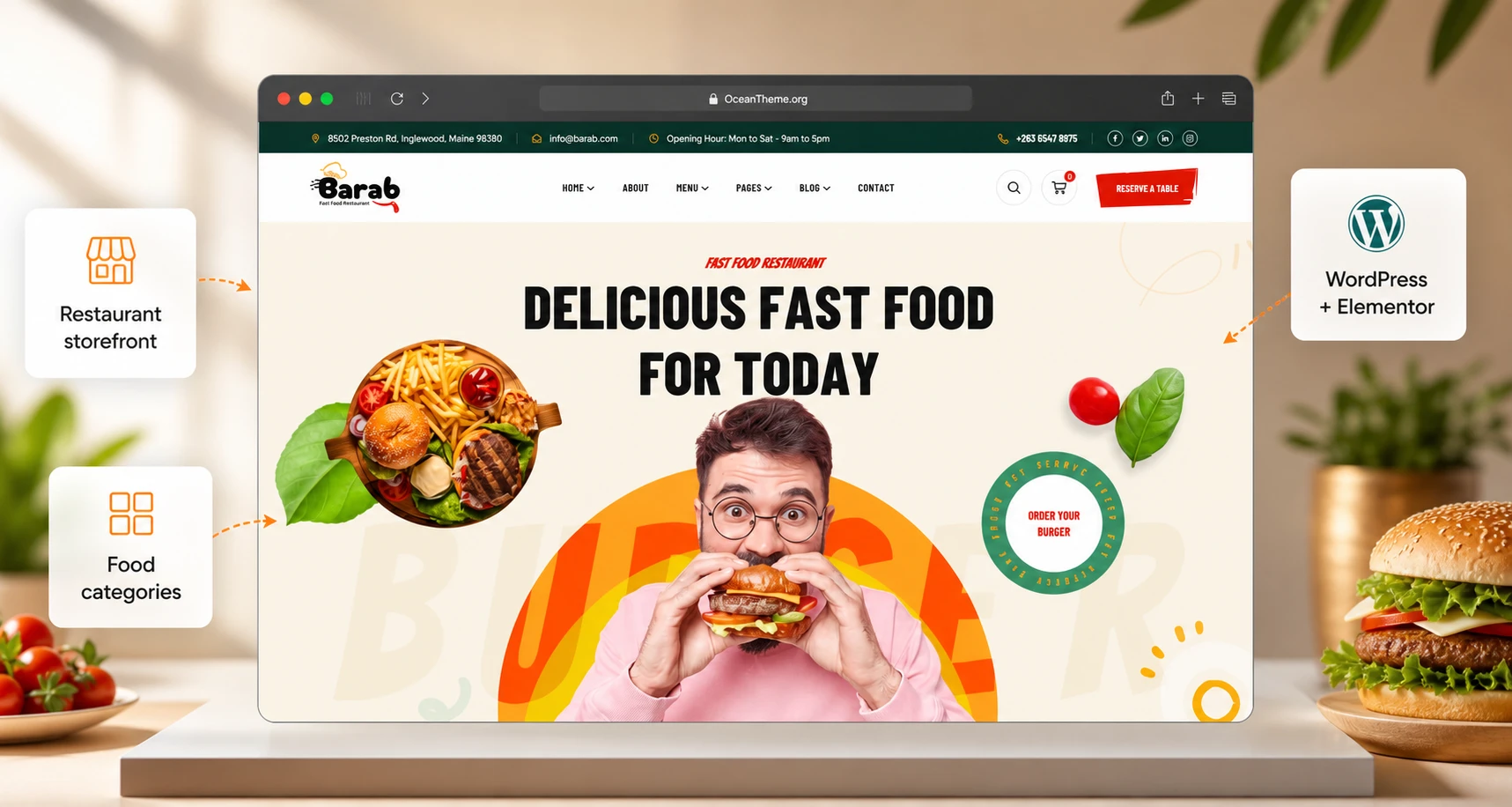 ThemeForest Barab as a WordPress restaurant template with a bold fast food design