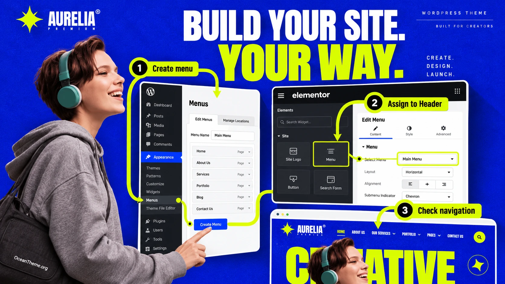 Setting up the header and menu for ThemeForest Aurelia templates in Elementor