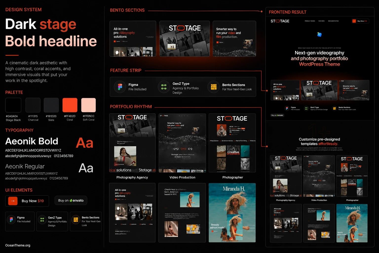 Design system of a dark WordPress theme with oversized typography and portfolio sections