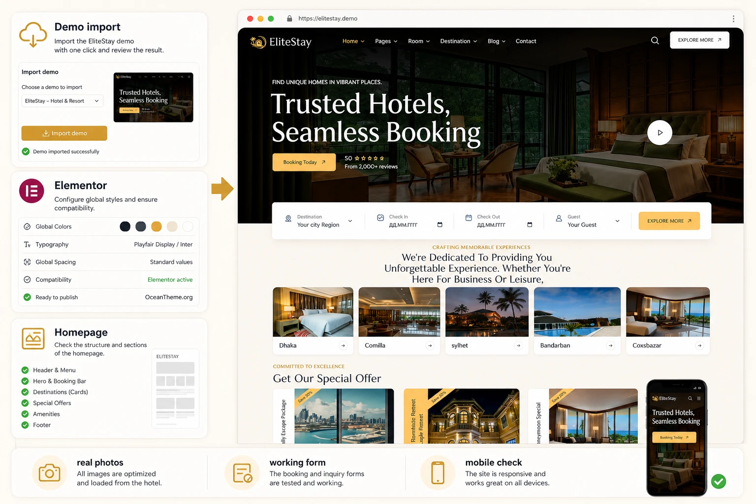Connection between EliteStay homepage settings and the final site result