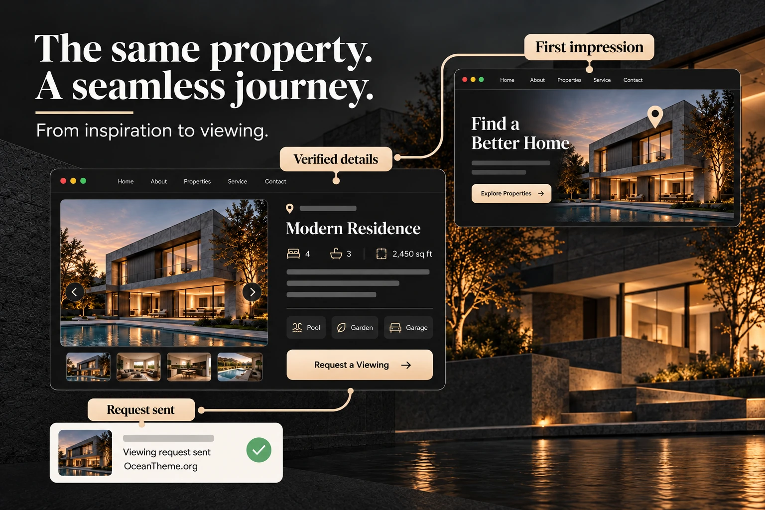 Luxhom workflow from the hero section to a property card and appointment form