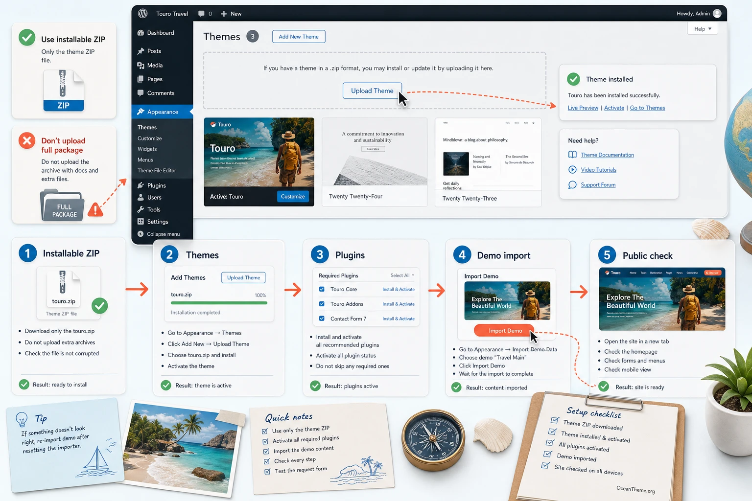 ThemeForest Touro installation flow in WordPress with demo import