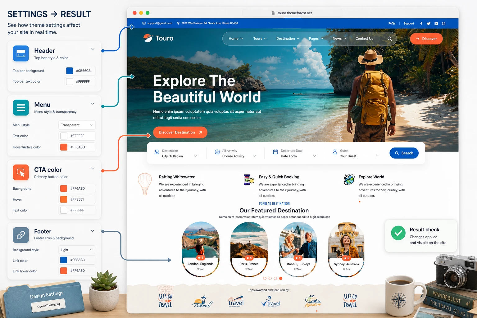 Configuring the header, menu, footer, and brand palette in the Touro WordPress theme