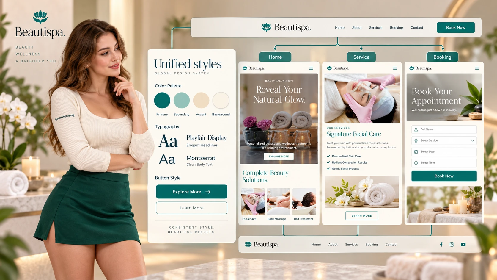 How global styles, the header, pages, and the ThemeForest Beautispa site work together