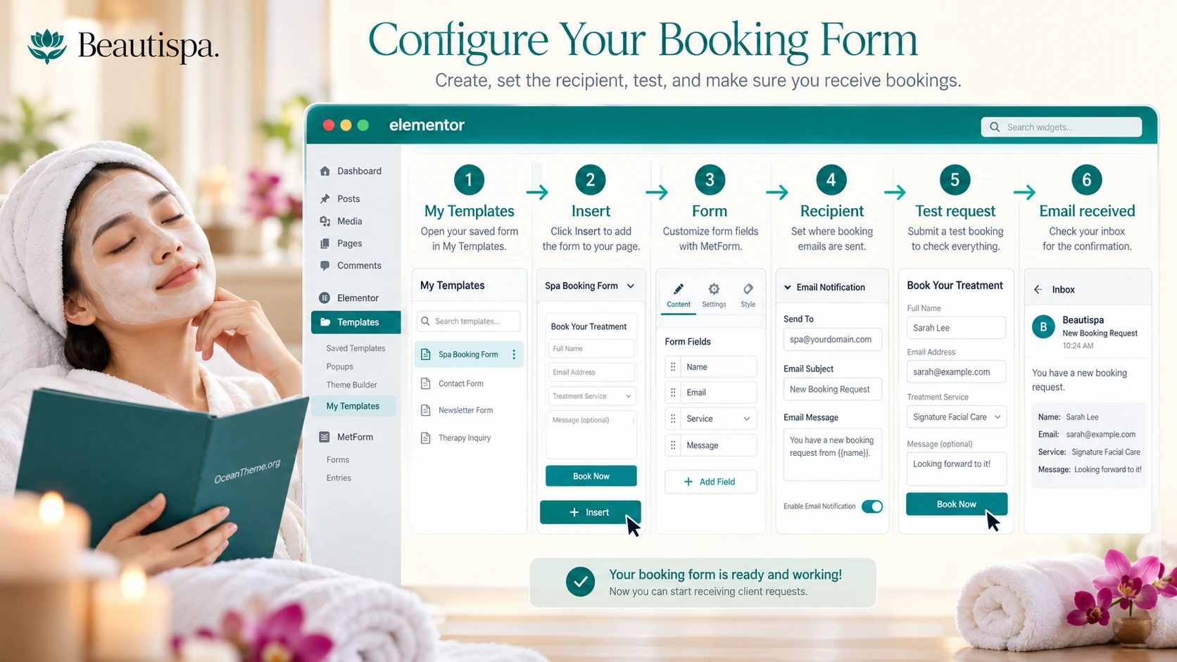 Example of setting up the ThemeForest Beautispa booking page and testing its form