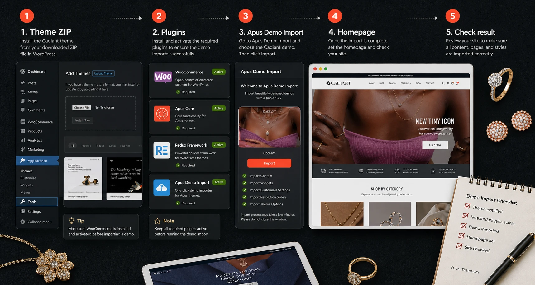 ThemeForest Cadiant demo import workflow through Apus Demo Import