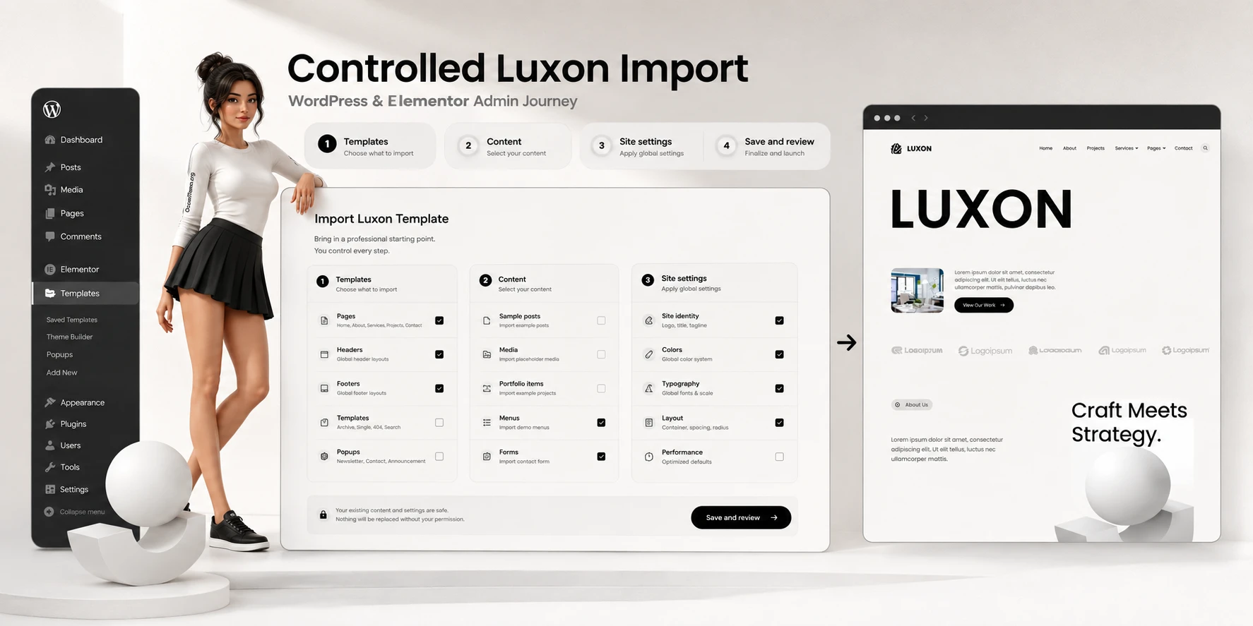 ThemeForest Luxon import diagram in Elementor with page, header, and global-style checks