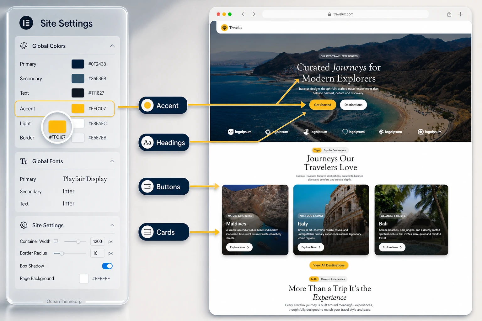 ThemeForest Travelux global color and font settings in Elementor Site Settings with the result shown on a travel page