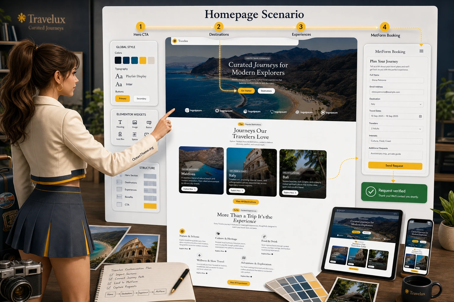 Practical Travelux homepage setup scenario with destinations, inquiry form, and result verification