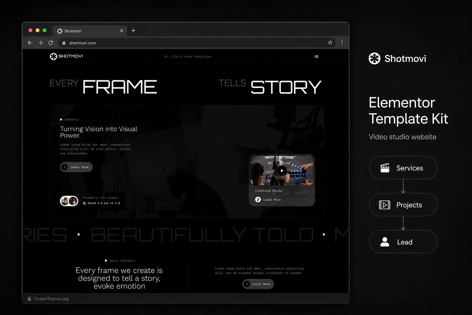 ThemeForest Shotmovi presented as a cinematic Elementor template kit for a video studio website