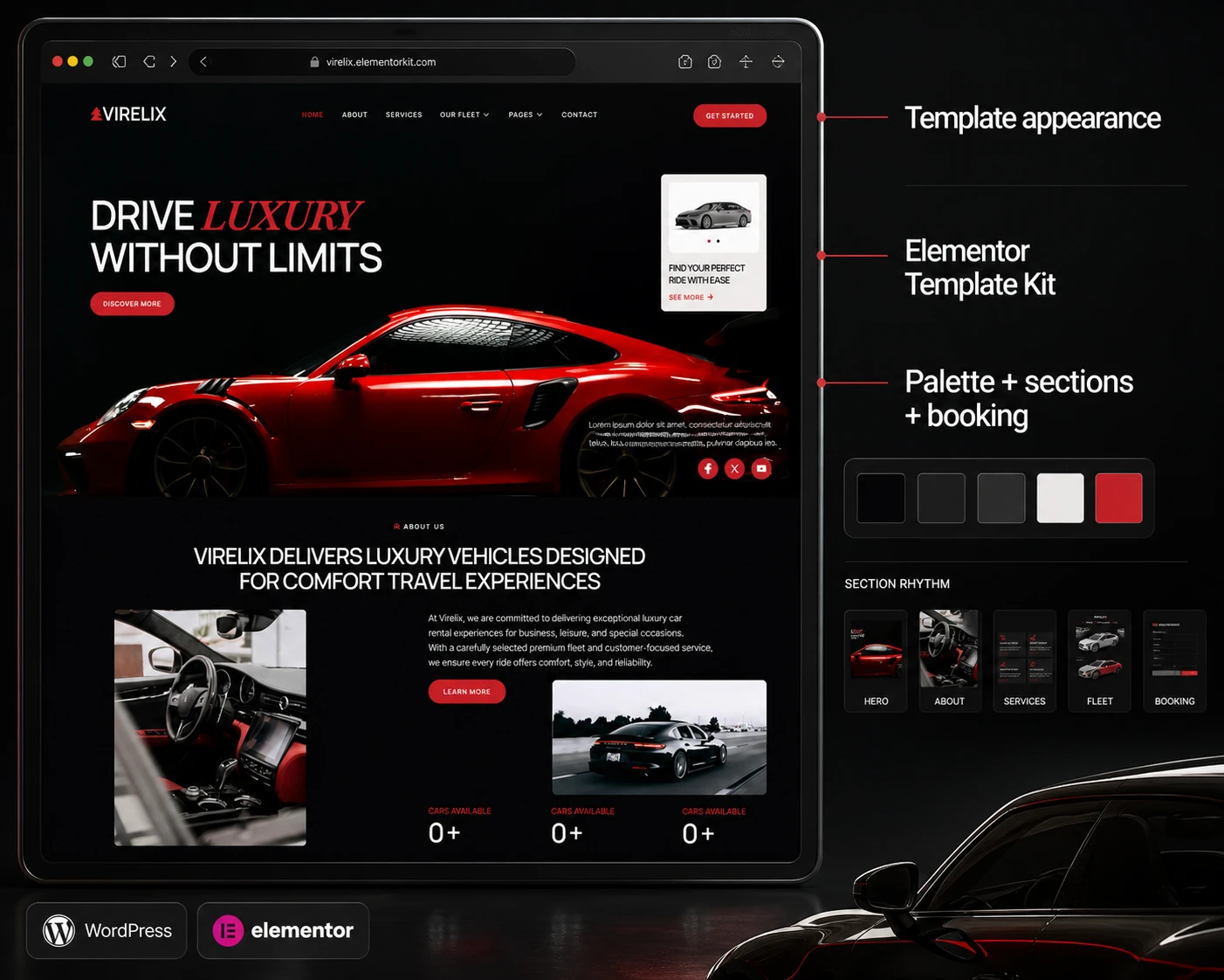ThemeForest Virelix guide cover with the real template hero section and a premium automotive color palette