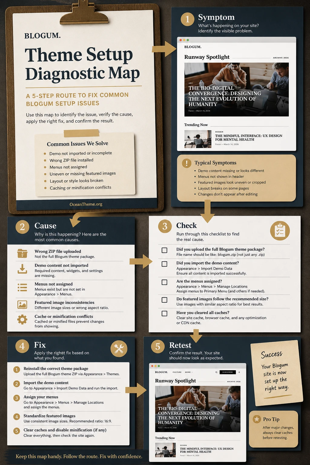 Diagnostic map of ThemeForest Blogum issues after installation
