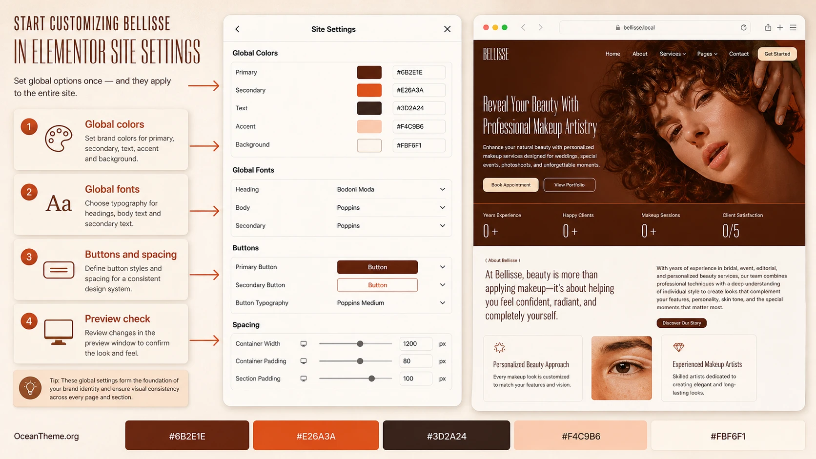 Elementor global settings map for adapting ThemeForest Bellisse