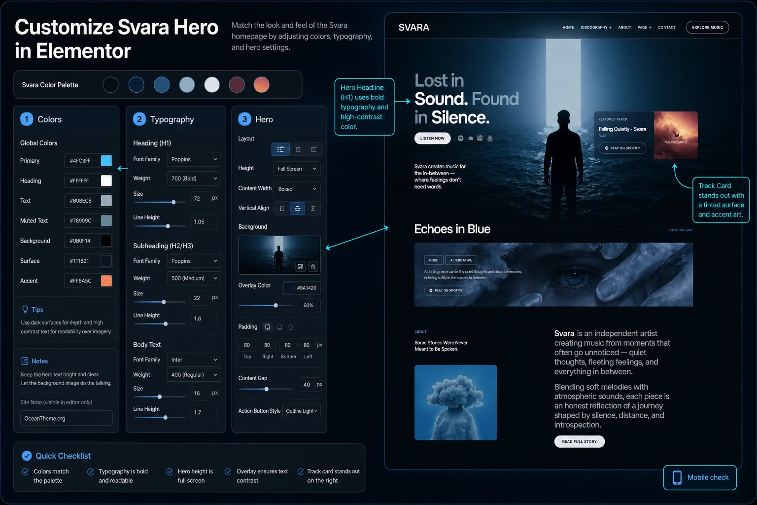 Diagram for configuring Svara colors, typography, and hero block in Elementor