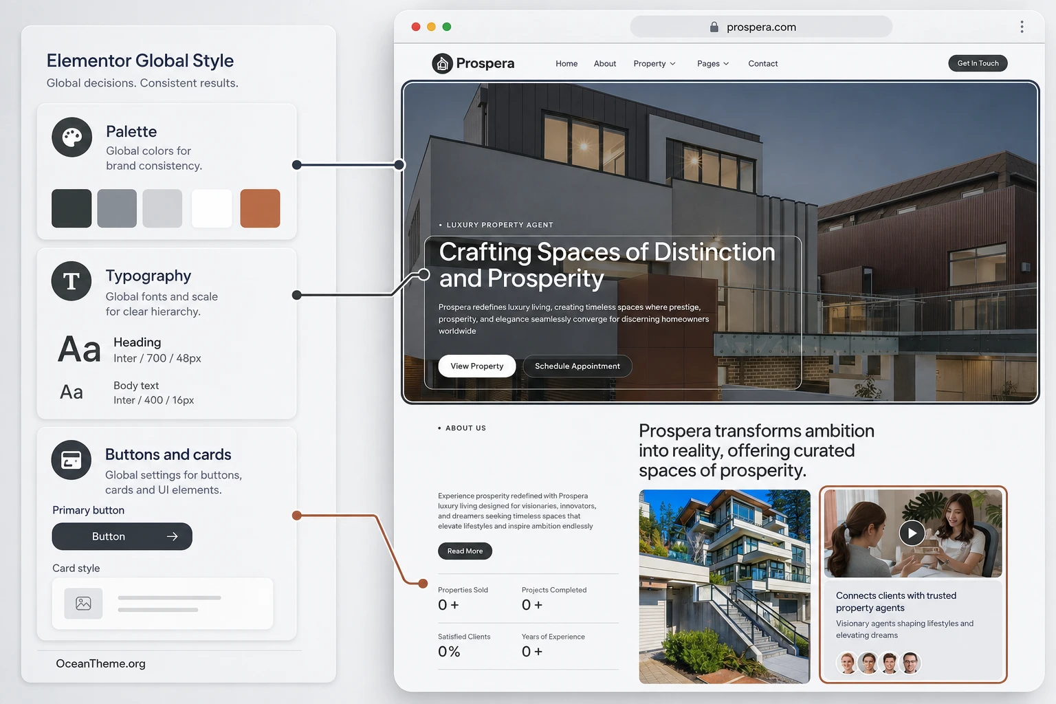 How Elementor global styles affect the appearance of Prospera pages