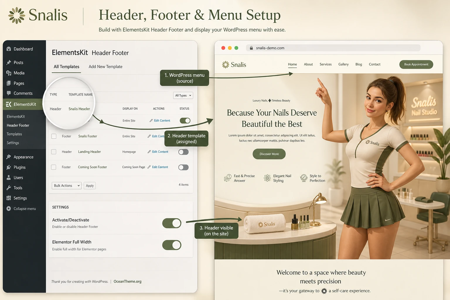 Configuring the header and menu in ThemeForest Snalis through Elementor and ElementsKit Lite