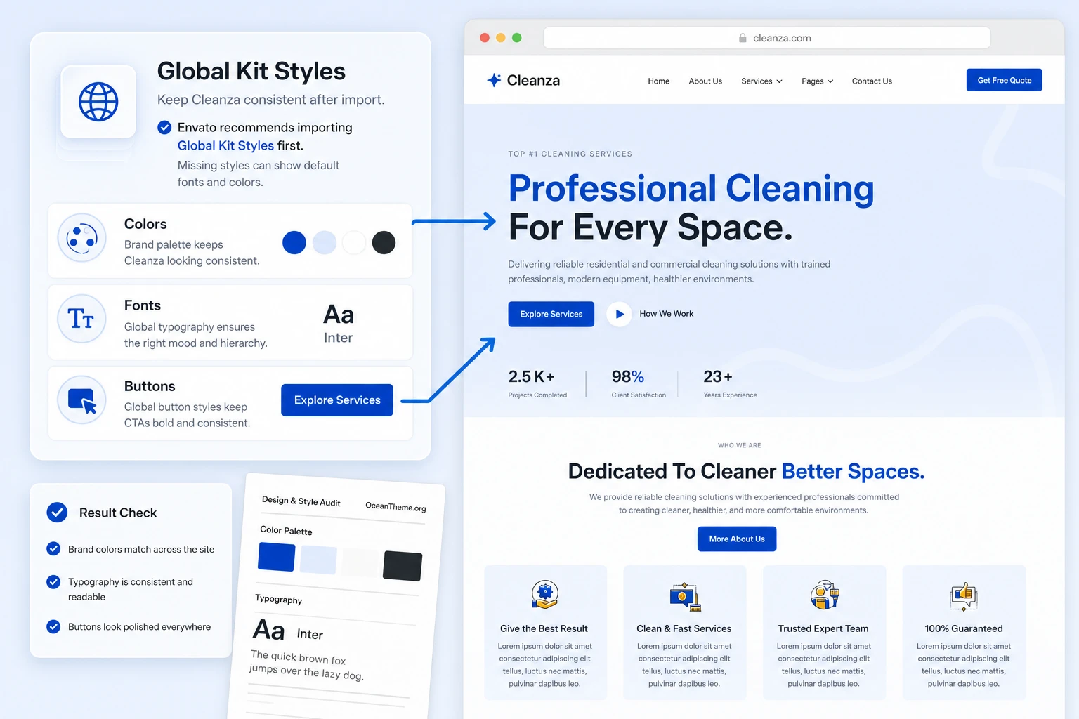 ThemeForest Cleanza global colors, fonts, and Elementor section styling