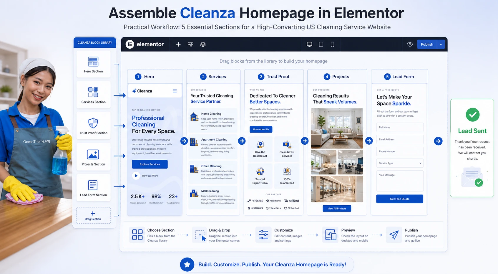Practical example of building a Cleanza homepage for a cleaning company