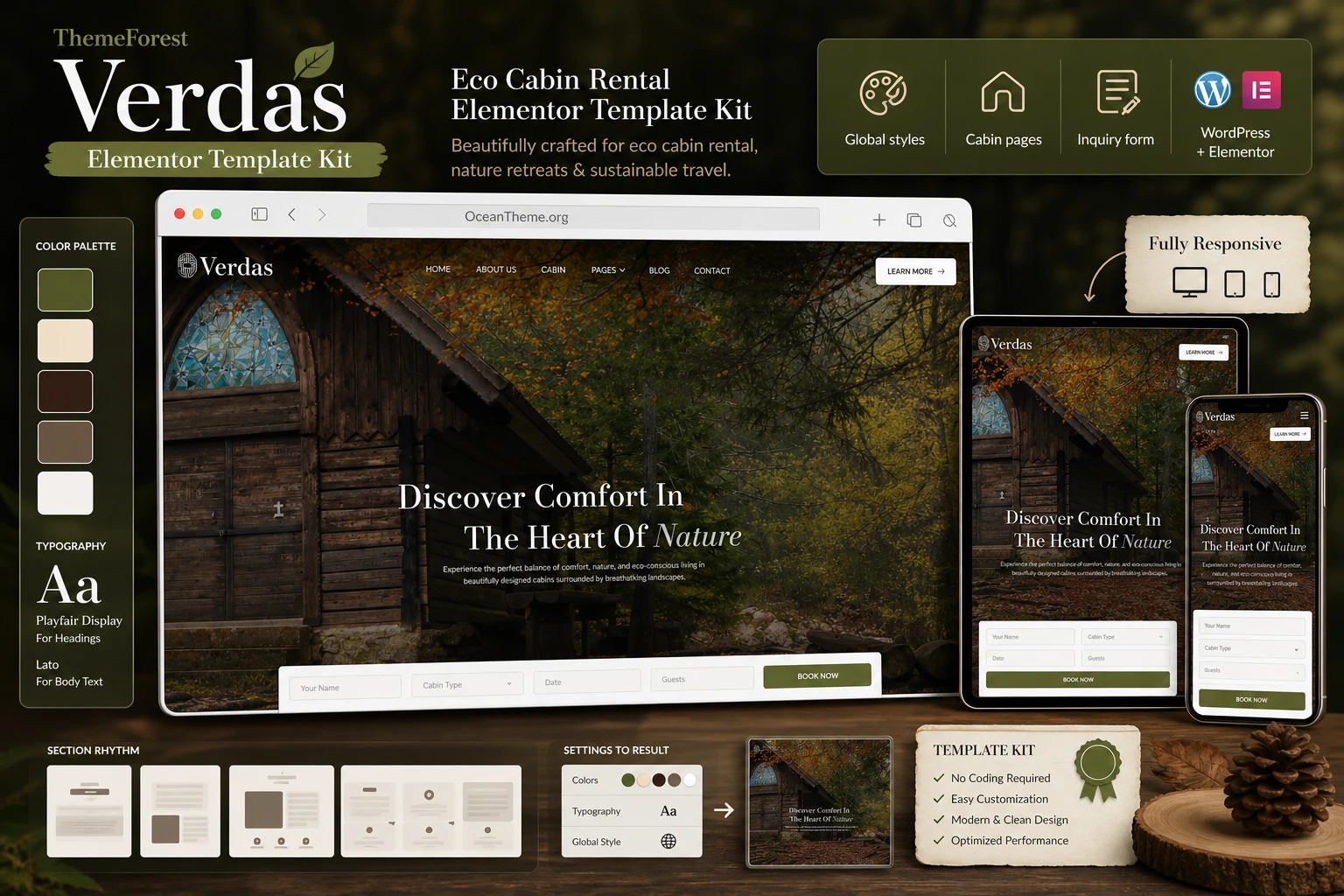 ThemeForest Verdas as an Elementor Template Kit for an eco cabin rental website