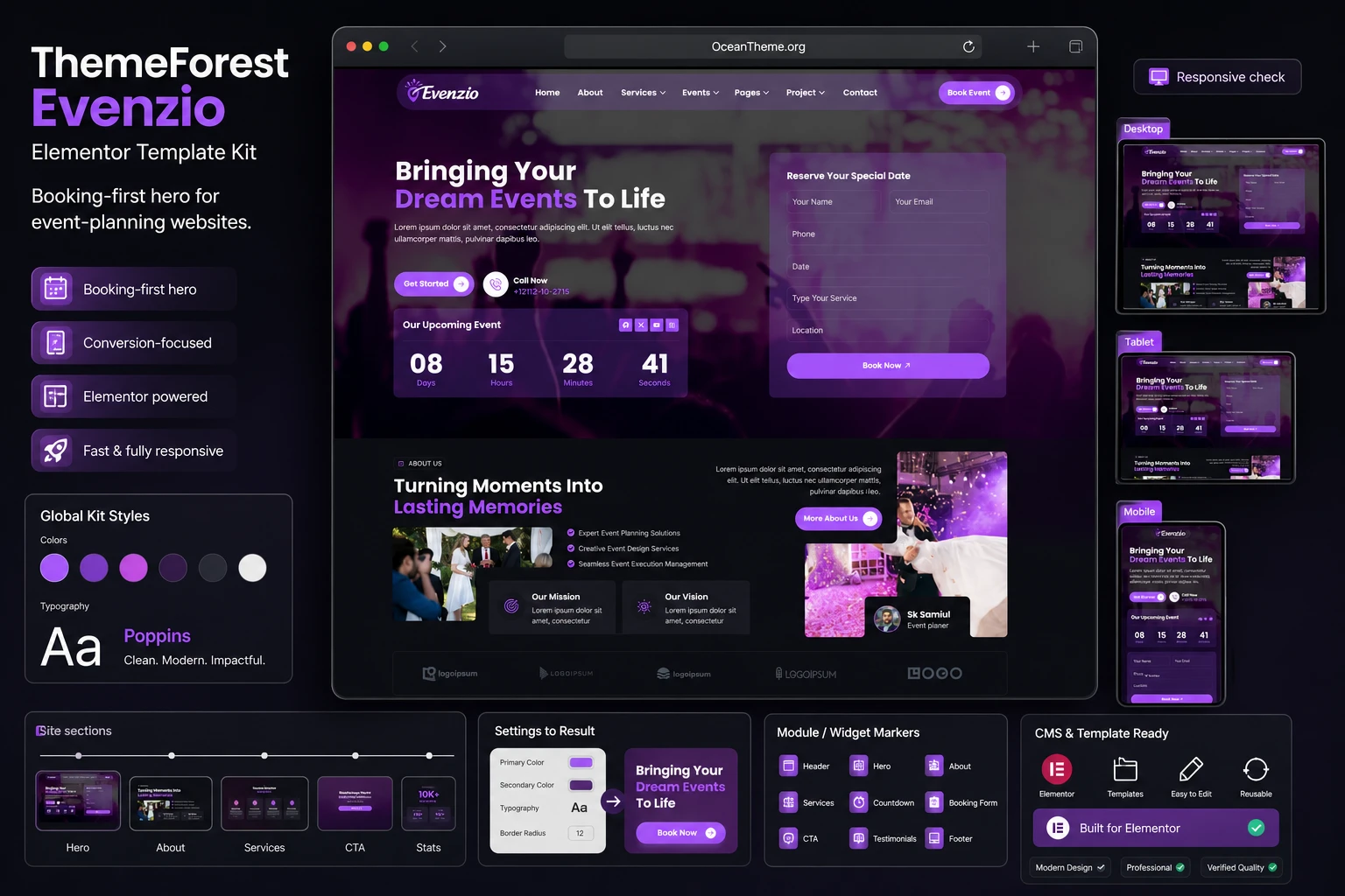 ThemeForest Evenzio as an Elementor template kit for an event planning website