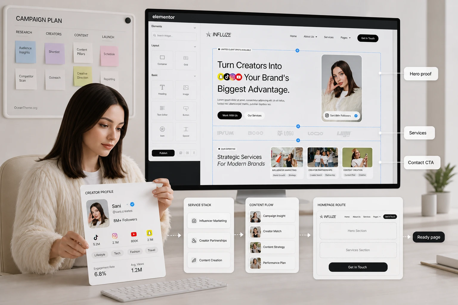Practical workflow for setting up the Influze homepage for an influencer agency
