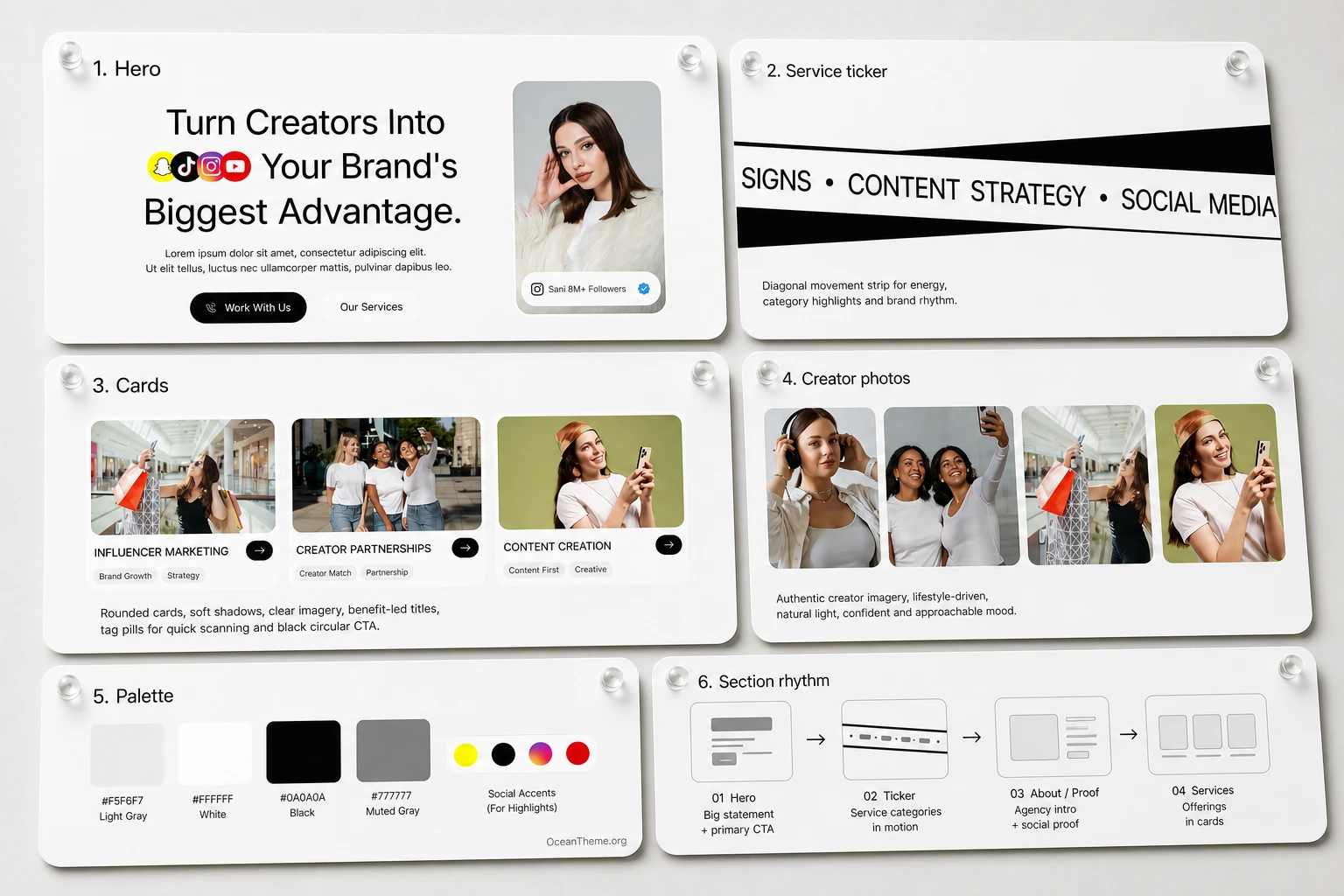Breakdown of the Influze design system: hero, services strip, cards, and light grid