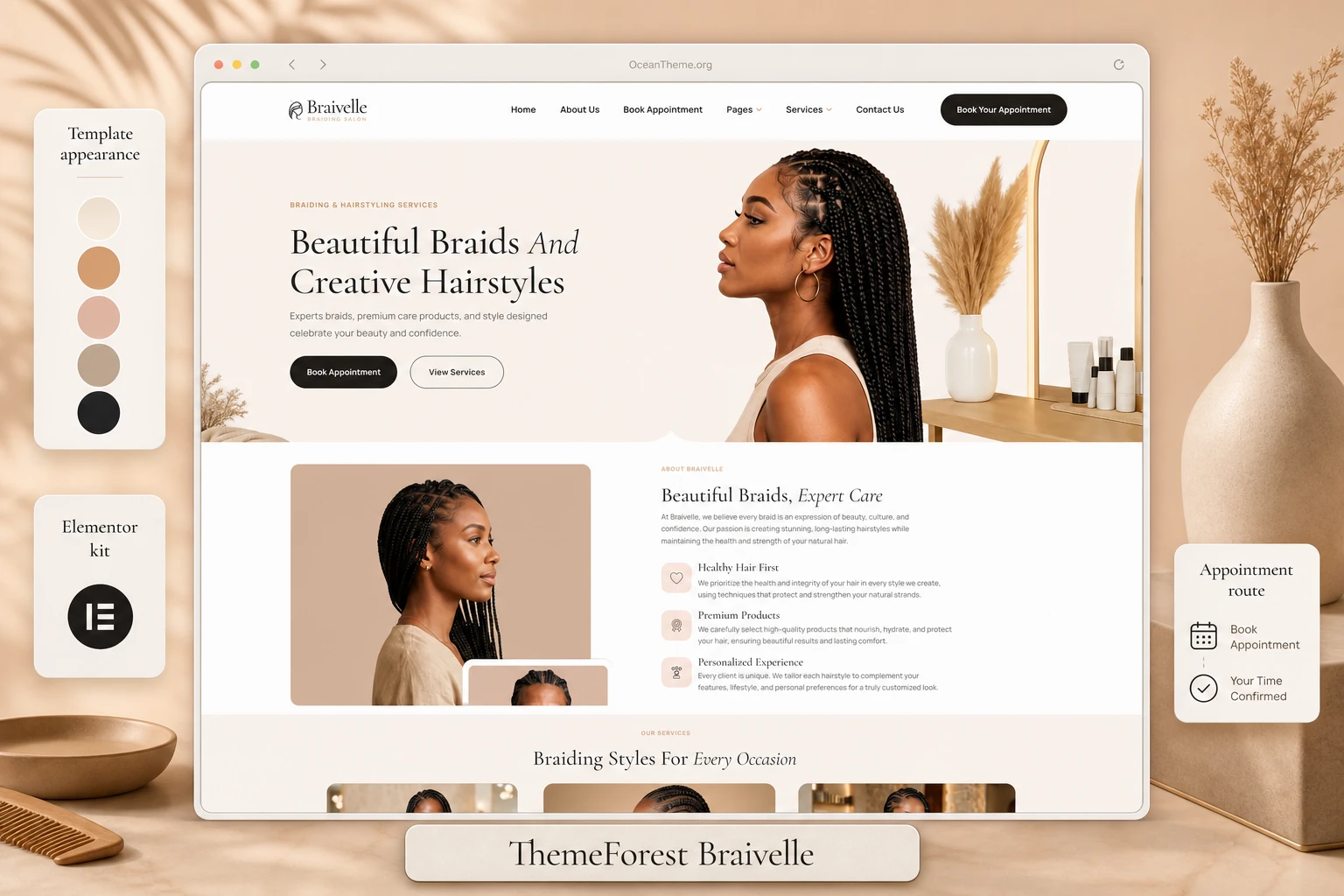 Cover image for the ThemeForest Braivelle guide showing the look of the braiding salon template